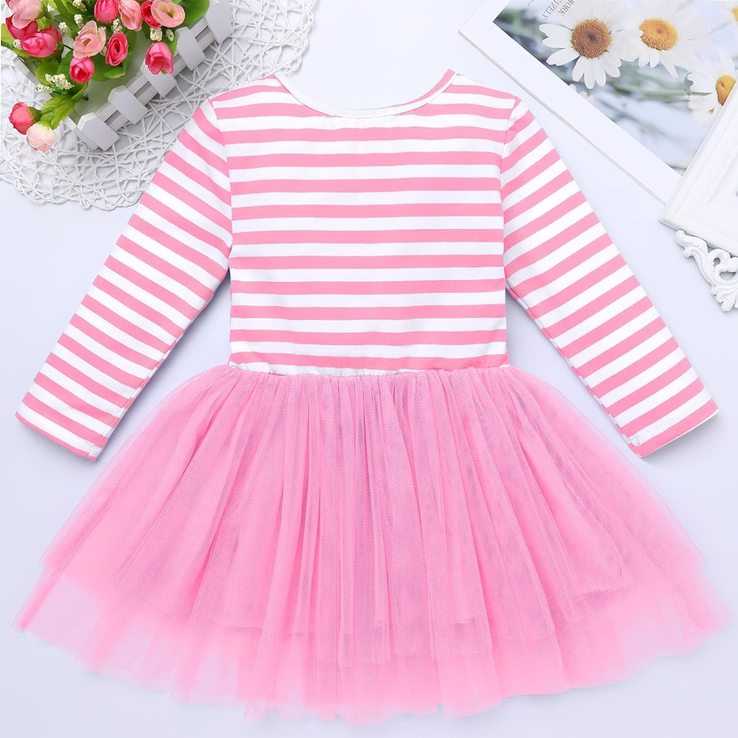 Baby Girls 1St/2Nd/3Rd Birthday Long Sleeve Princess Cake Smash Baptism Crown Tulle Party Dress Striped Outfit Tutu Gown