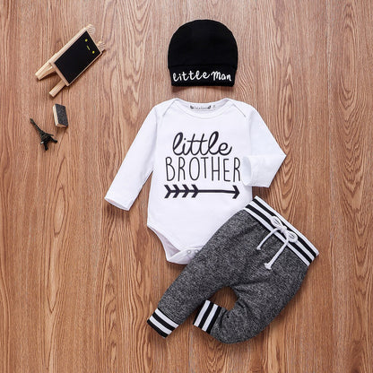 Newborn Infant Baby Boy Clothes Sets 3Pcs Little Brother Long Sleeve Romper Pant Hats Outfit Clothes Set