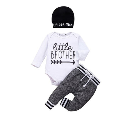 Newborn Infant Baby Boy Clothes Sets 3Pcs Little Brother Long Sleeve Romper Pant Hats Outfit Clothes Set