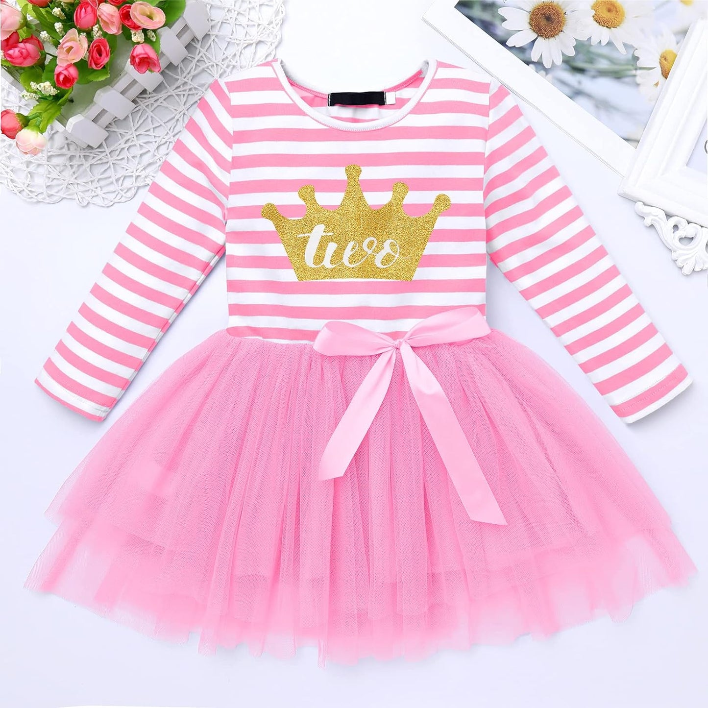 Baby Girls 1St/2Nd/3Rd Birthday Long Sleeve Princess Cake Smash Baptism Crown Tulle Party Dress Striped Outfit Tutu Gown