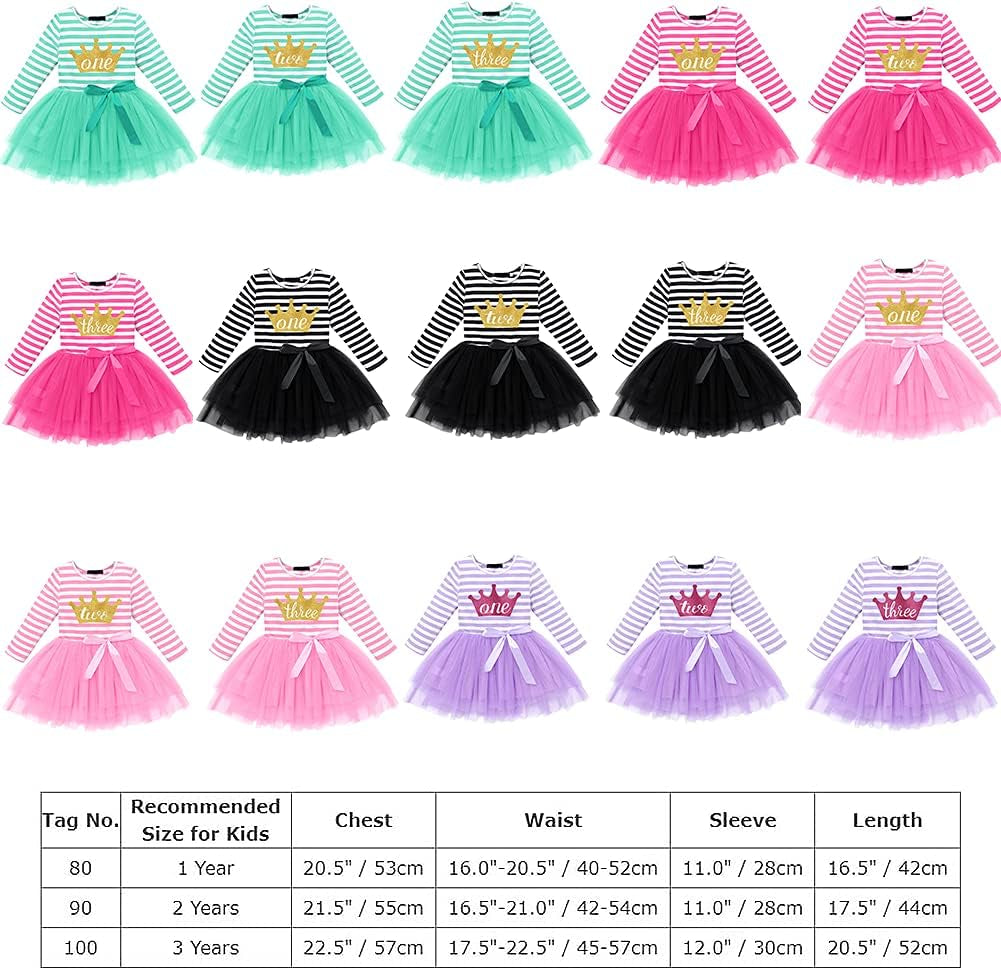 Baby Girls 1St/2Nd/3Rd Birthday Long Sleeve Princess Cake Smash Baptism Crown Tulle Party Dress Striped Outfit Tutu Gown