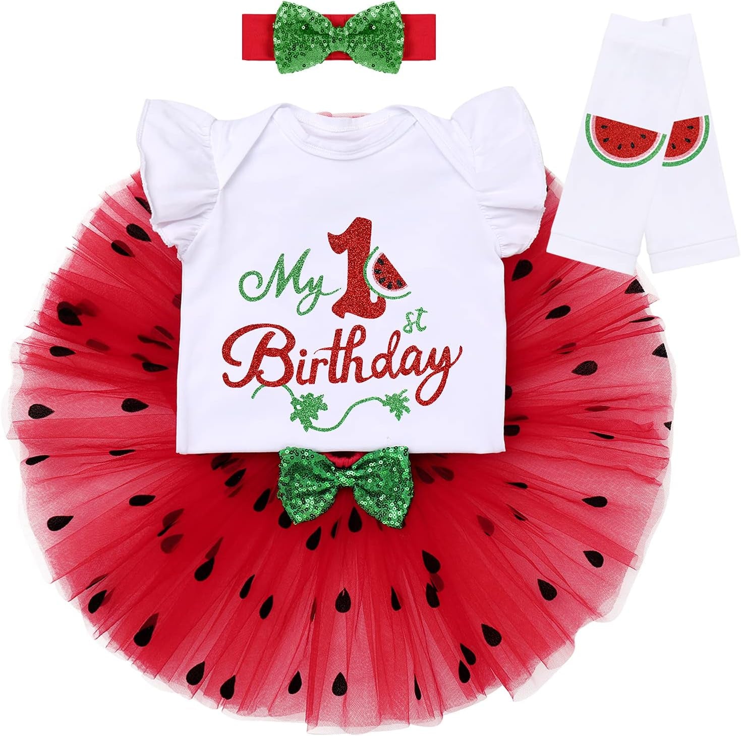 Baby Girls Watermelon Birthday 1St/2Nd Party Princess Outfit Ruffle Romper Tutu Skirt Leggings Headband 4Pcs Clothes Set