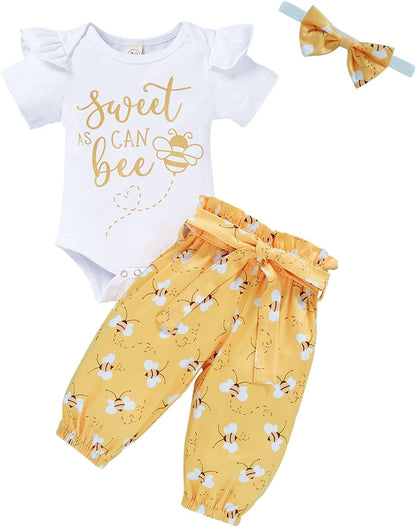 Infant Baby Girl Bumble Bee Clothes Letter Print Romper Honey Bees Pants Bowknot Headband Outfits Set