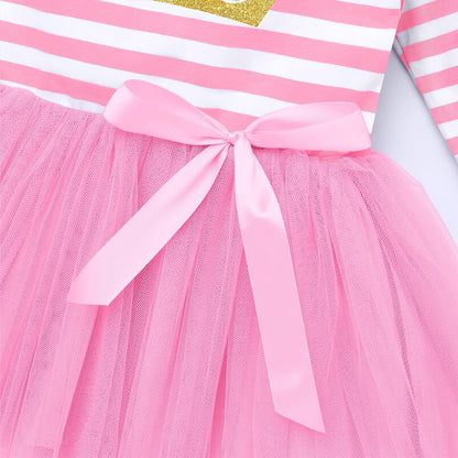 Baby Girls 1St/2Nd/3Rd Birthday Long Sleeve Princess Cake Smash Baptism Crown Tulle Party Dress Striped Outfit Tutu Gown