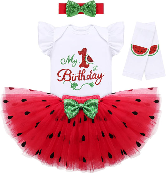 Baby Girls Watermelon Birthday 1St/2Nd Party Princess Outfit Ruffle Romper Tutu Skirt Leggings Headband 4Pcs Clothes Set