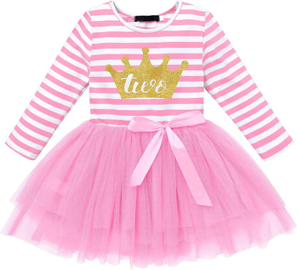 Baby Girls 1St/2Nd/3Rd Birthday Long Sleeve Princess Cake Smash Baptism Crown Tulle Party Dress Striped Outfit Tutu Gown