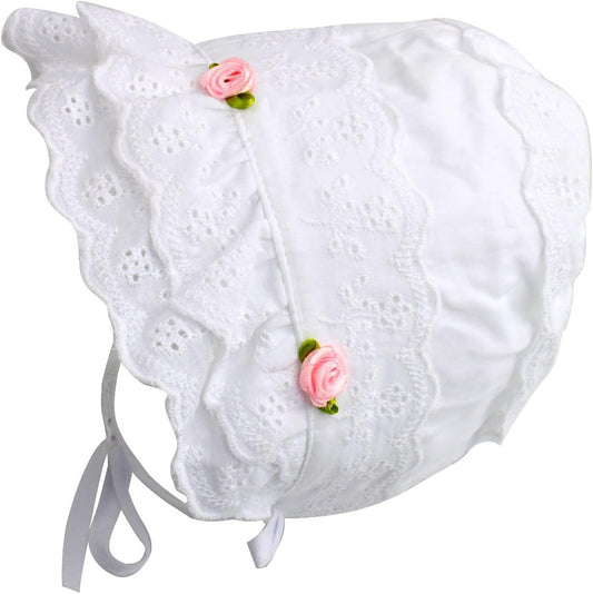 Cap Baby Girls 100% Cotton Double Brimmed Eyelet Lace Bonnet with Flowers